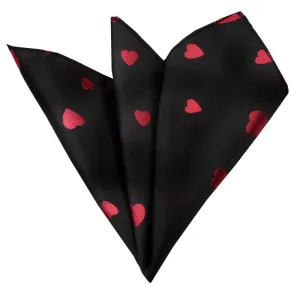 Solid Black with Red Hearts Mens Pocket Square - Premium Silk Handkerchiefs for Suits