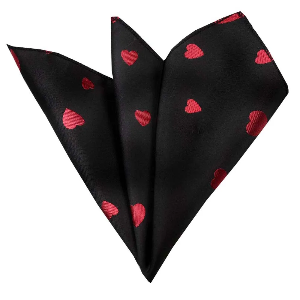 Solid Black with Red Hearts Mens Pocket Square - Premium Silk Handkerchiefs for Suits