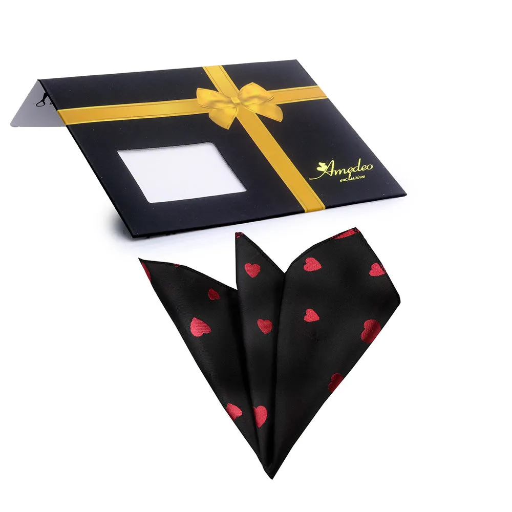 Solid Black with Red Hearts Mens Pocket Square - Premium Silk Handkerchiefs for Suits