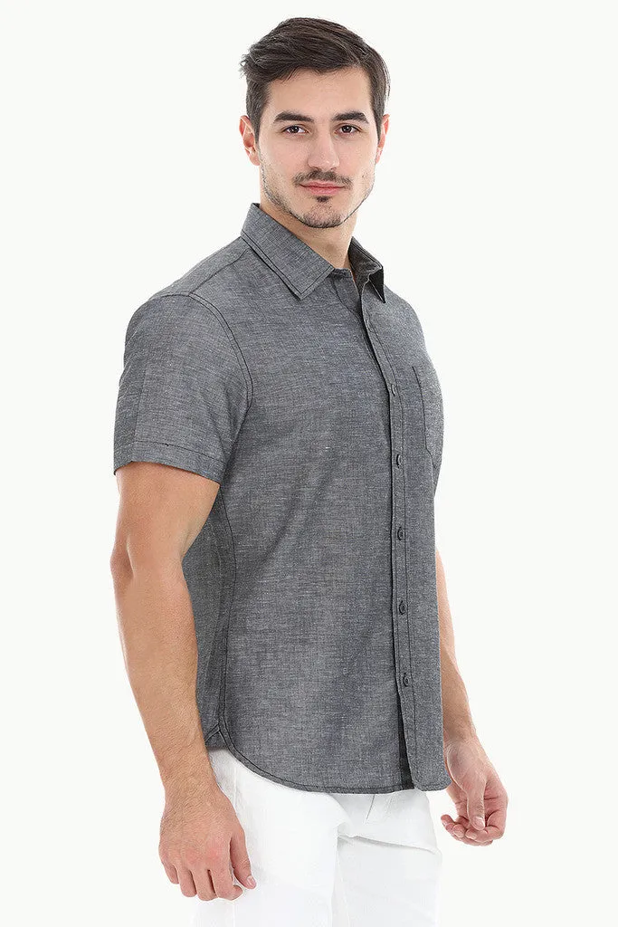 Solid Chambray Linen Short Sleeve Shirt