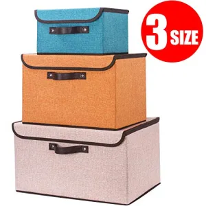 Storage Bins, Senbowe Set of [3-Size] Foldable Storage Cubes Box with Lids and Handles, Collapsible Storage Basket Containers Organizer With Linen Fabric for Home, Office, Nursery, Closet, Bedroom