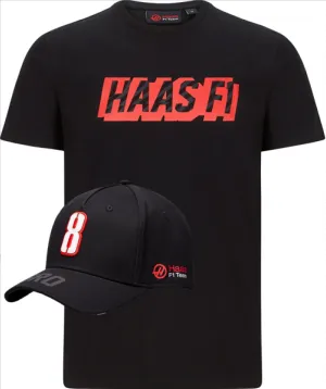 T-SHIRT & CAP Formula One 1 Haas Grosjean No.8 F1 Team NEW Graphic Logo Black L