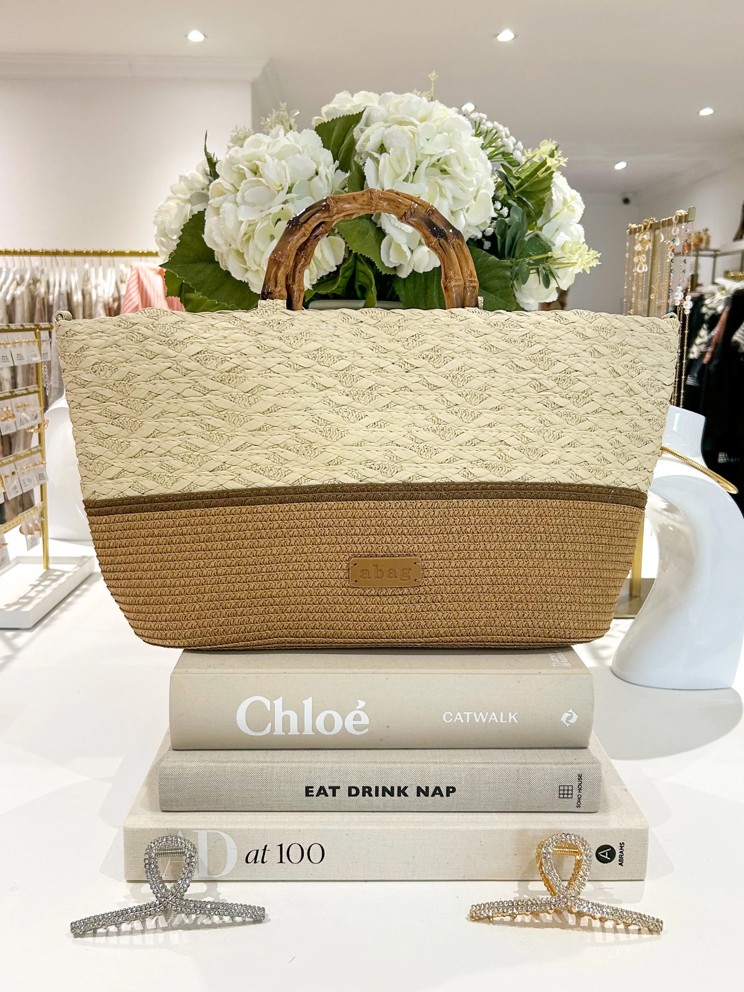 Two Tone Bamboo Detail Handle Woven Beach Bag (2 Colours)