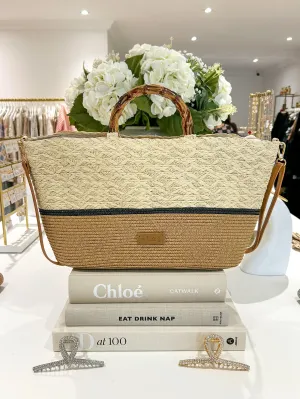 Two Tone Bamboo Detail Handle Woven Beach Bag (2 Colours)