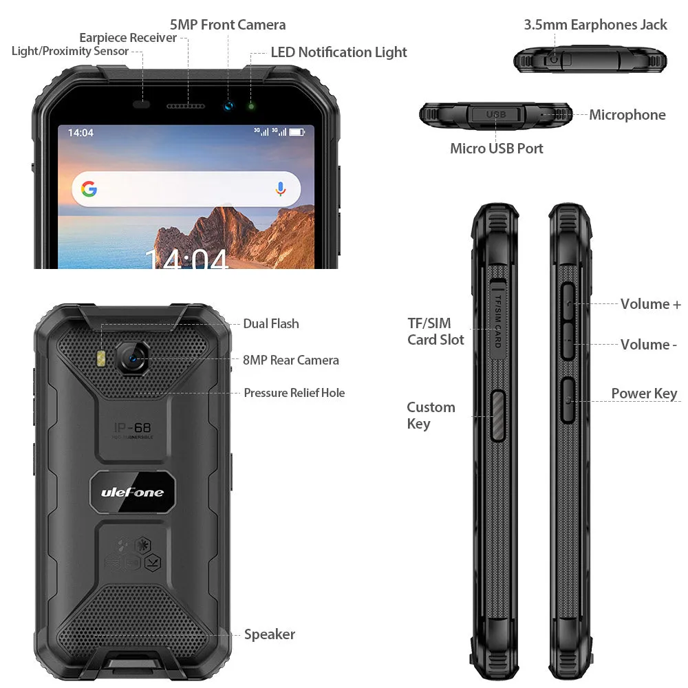 Ulefone Armor X6 Phone 5.0inch HD Screen 2G RAM 16GB ROM Memory 5MP 8MP Camera 4000mAh Battery Android 9.0 OS black