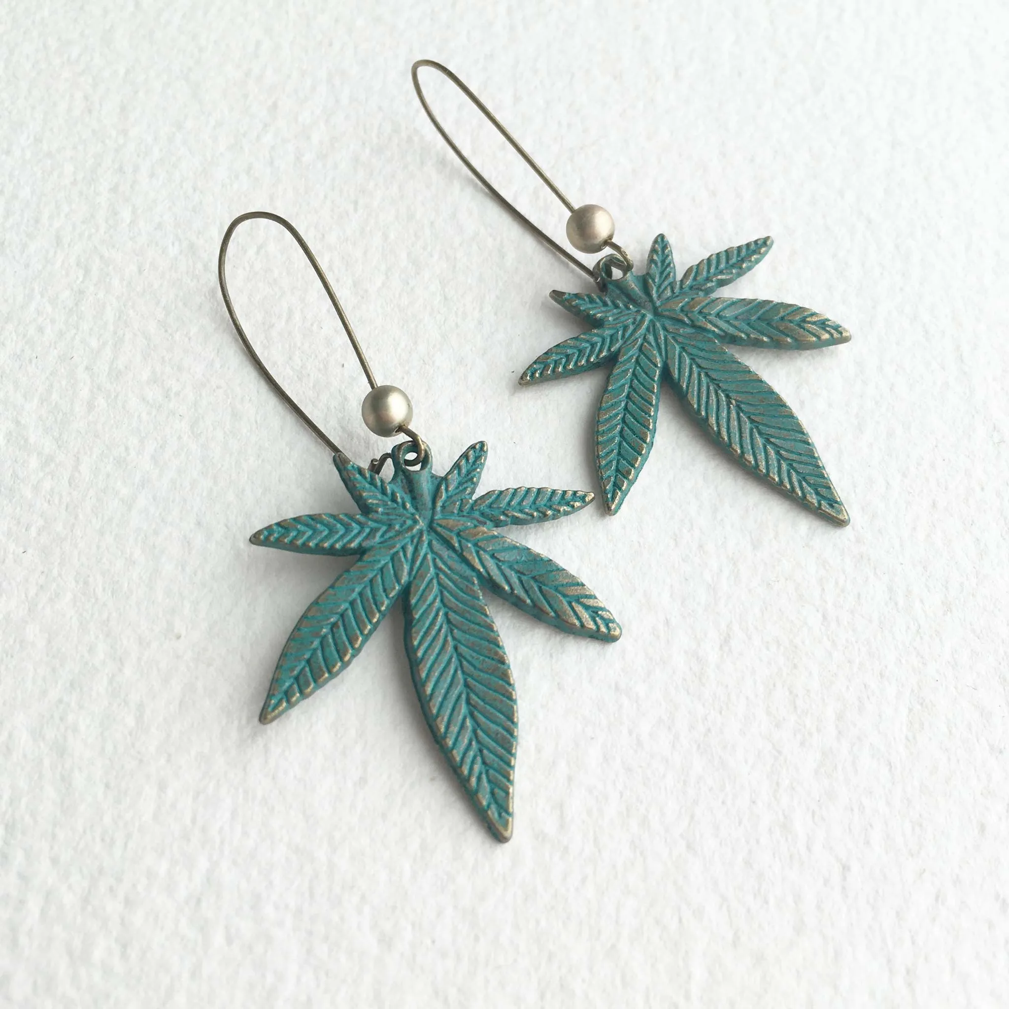 Verdigris Large Green Cannabis Earring
