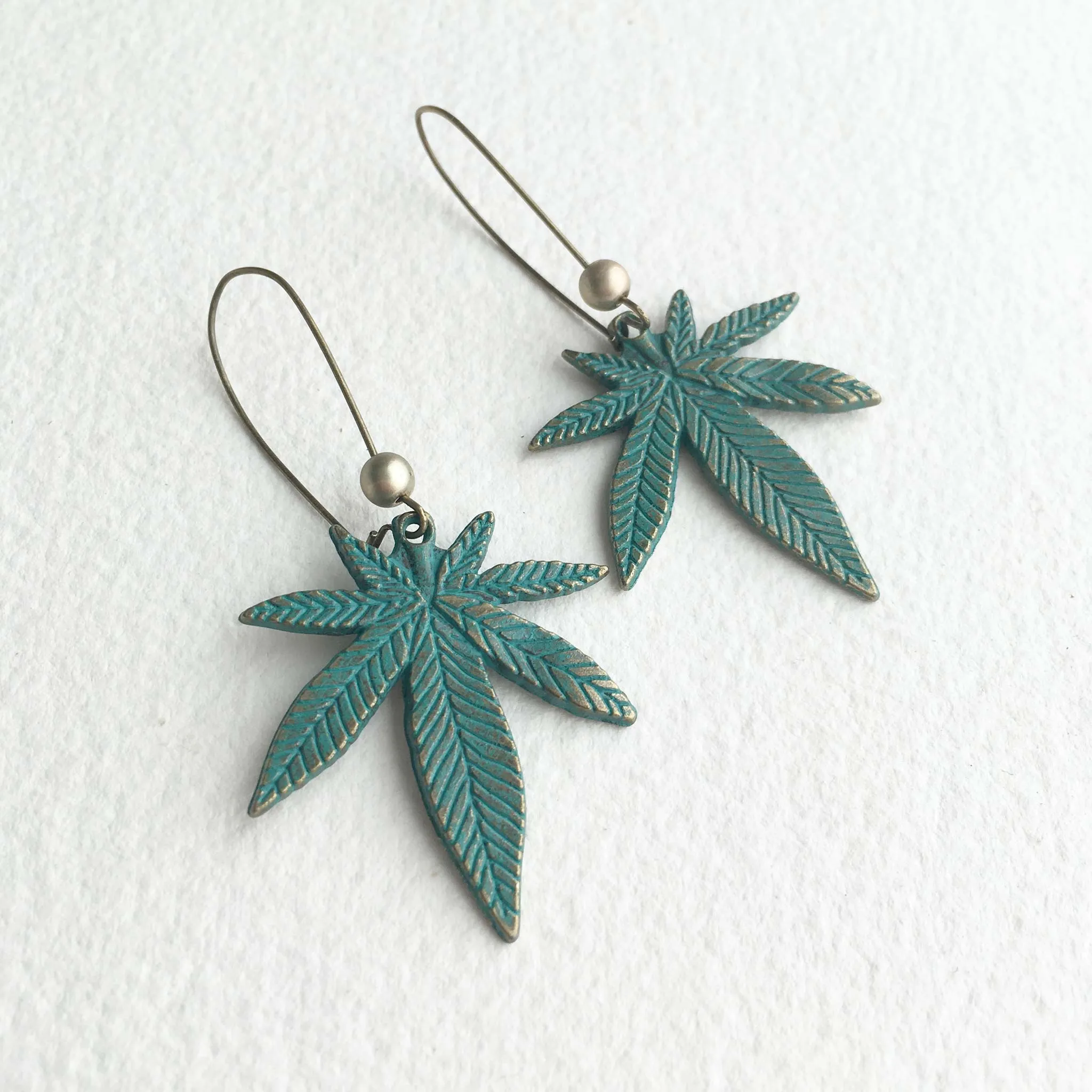 Verdigris Large Green Cannabis Earring