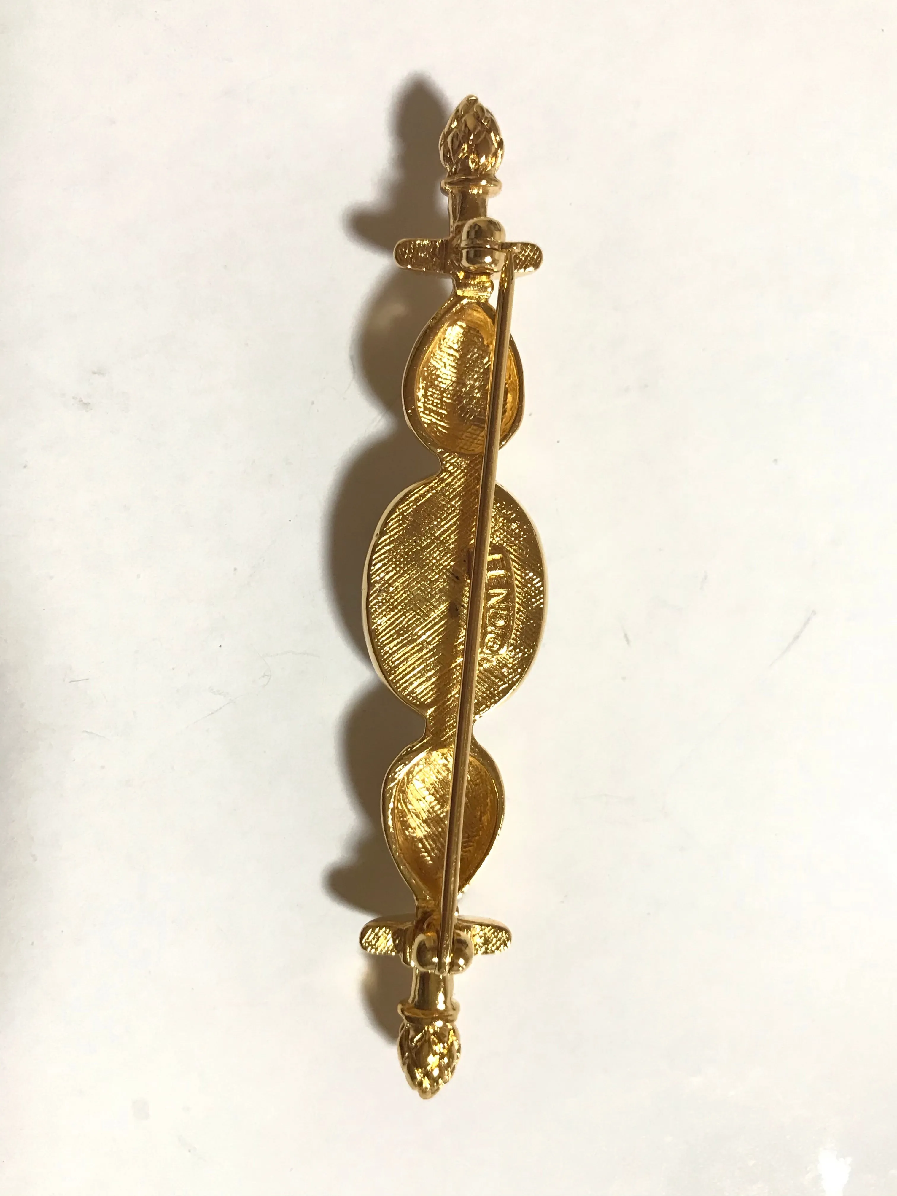 Vintage FENDI gold tone hat pin with white oval faux pearl and FF mark. Can be used as a brooch pin, jacket brooch pin too. 060926re5