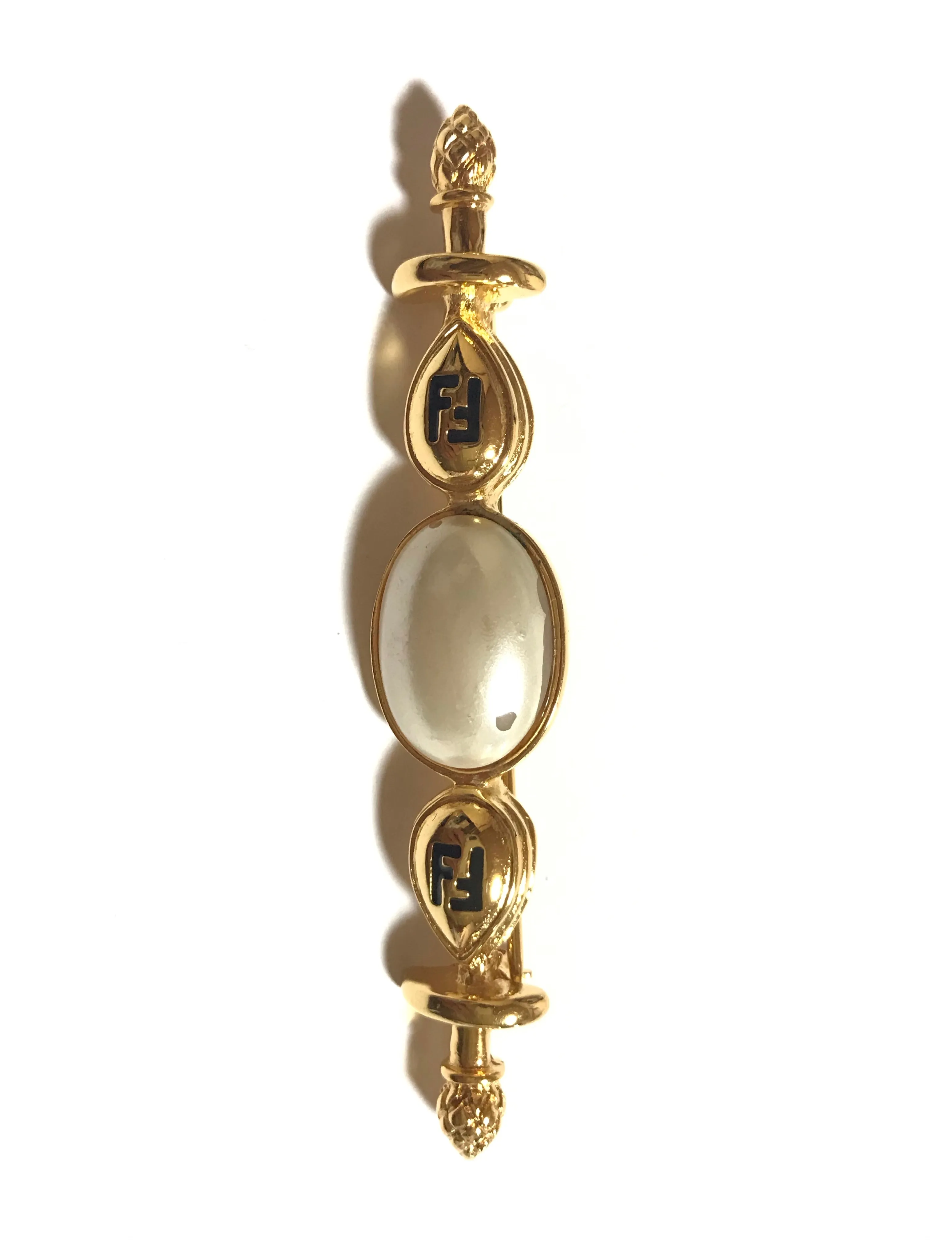 Vintage FENDI gold tone hat pin with white oval faux pearl and FF mark. Can be used as a brooch pin, jacket brooch pin too. 060926re5