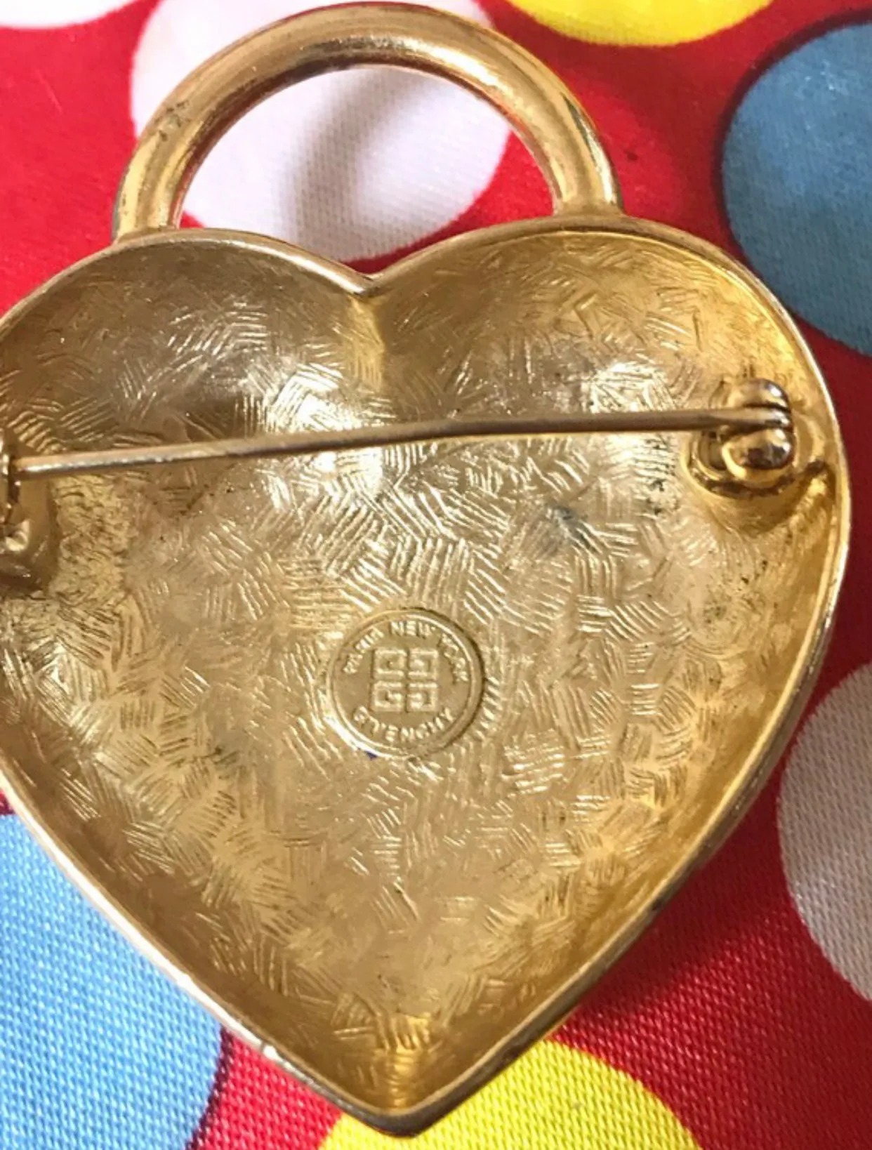 Vintage Givenchy heart brooch with logo mark.  Padlock heart shape pin brooch. Gorgeous jewelry piece. 05062814