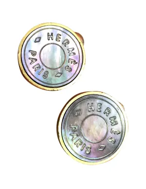 Vintage HERMES golden logo embossed genuine shell earrings. Classic jewelry piece. Bijouterie Fantaisie. Shines like aurora.