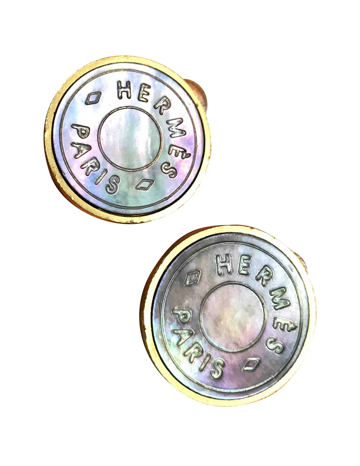 Vintage HERMES golden logo embossed genuine shell earrings. Classic jewelry piece. Bijouterie Fantaisie. Shines like aurora.