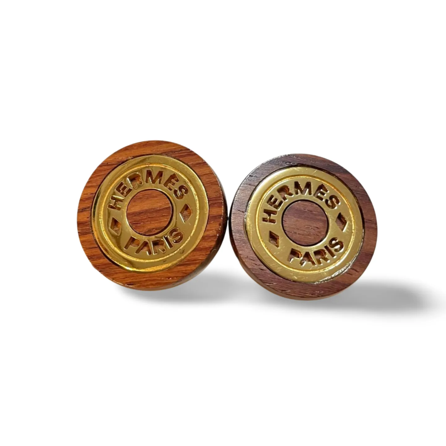 Vintage HERMES round wooden and golden earrings. Classic jewelry piece. Bijouterie Fantaisie. Genuine wood jewelry from Hermes. 060810r4