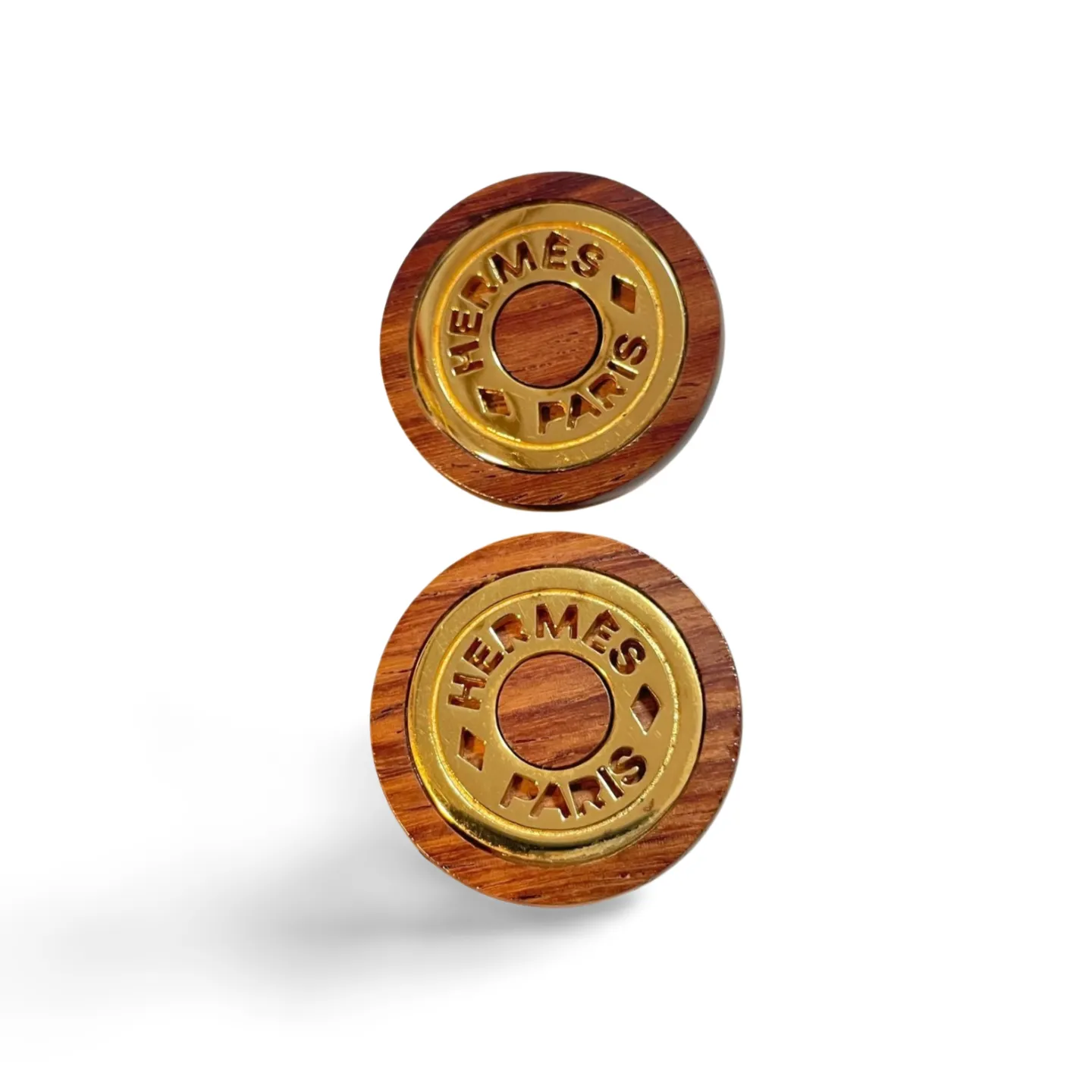 Vintage HERMES round wooden and golden earrings. Classic jewelry piece. Bijouterie Fantaisie. Genuine wood jewelry from Hermes. 060810r4
