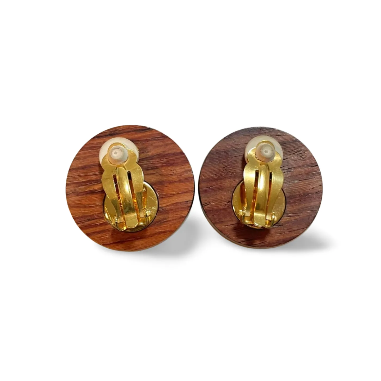 Vintage HERMES round wooden and golden earrings. Classic jewelry piece. Bijouterie Fantaisie. Genuine wood jewelry from Hermes. 060810r4