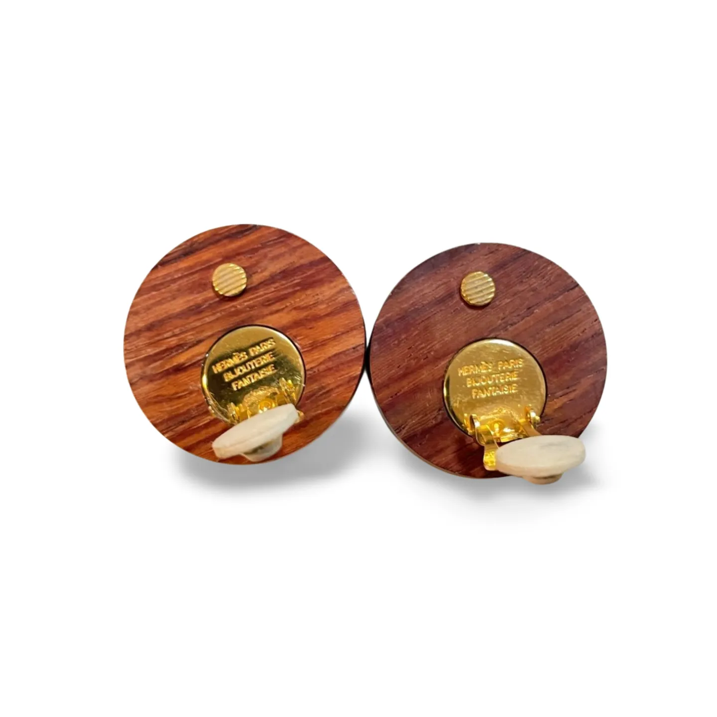 Vintage HERMES round wooden and golden earrings. Classic jewelry piece. Bijouterie Fantaisie. Genuine wood jewelry from Hermes. 060810r4