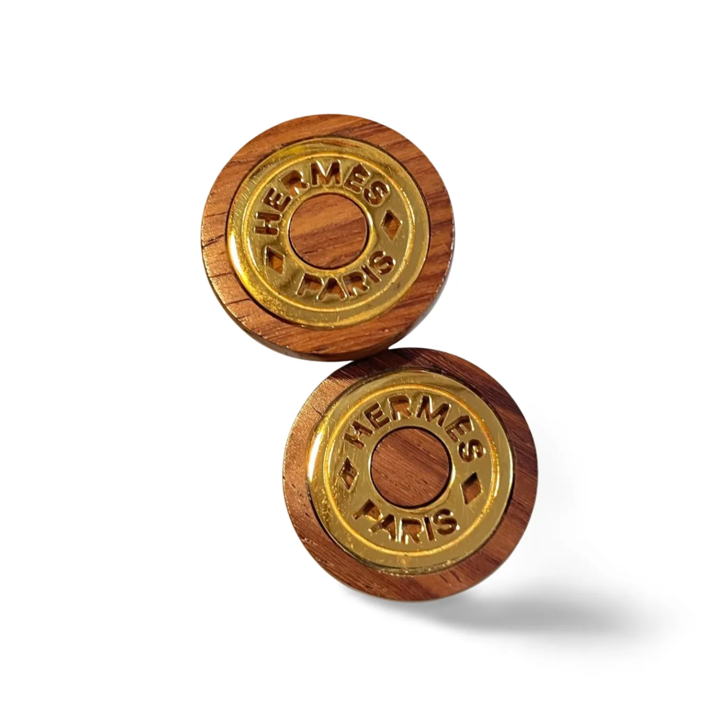 Vintage HERMES round wooden and golden earrings. Classic jewelry piece. Bijouterie Fantaisie. Genuine wood jewelry from Hermes. 060810r4
