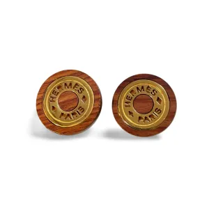 Vintage HERMES round wooden and golden earrings. Classic jewelry piece. Bijouterie Fantaisie. Genuine wood jewelry from Hermes. 060810r4