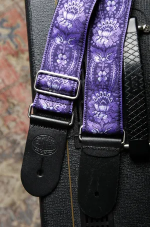 Vintage Jacquard Weave Premium Guitar Strap Cotton/Leather - Blue/Yellow