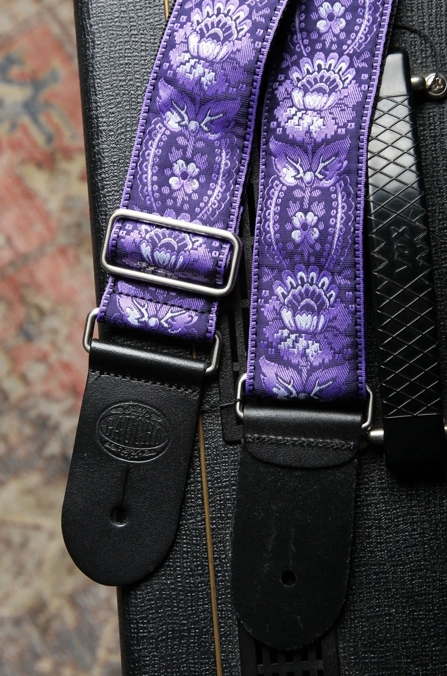 Vintage Jacquard Weave Premium Guitar Strap Cotton/Leather - Blue/Yellow