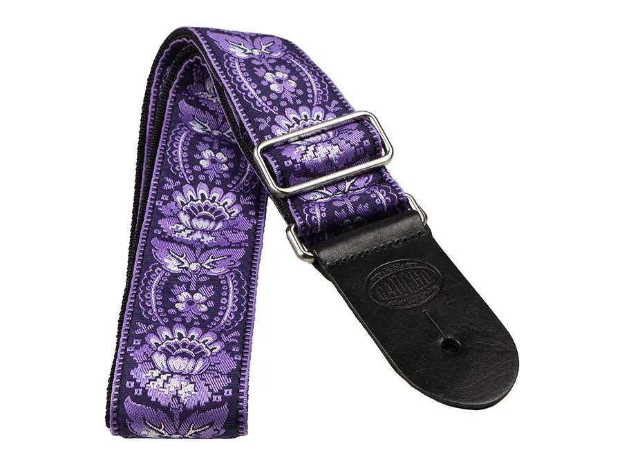 Vintage Jacquard Weave Premium Guitar Strap Cotton/Leather - Blue/Yellow