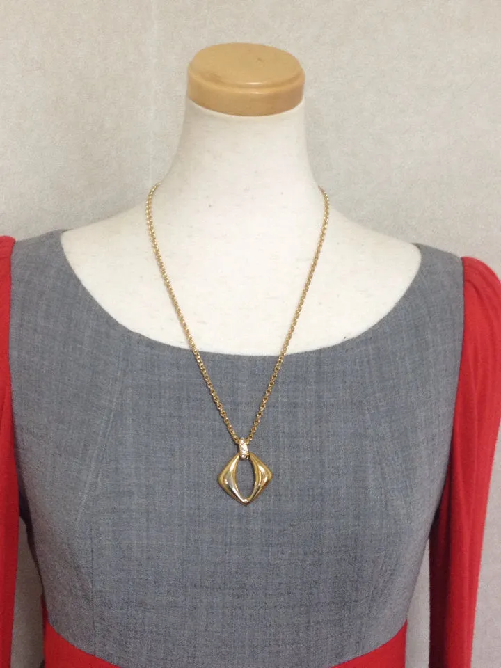 Vintage Yves Saint Laurent, YSL golden chain necklace with outlined square, diamond shape pendant top with crystal stones. Perfect gift