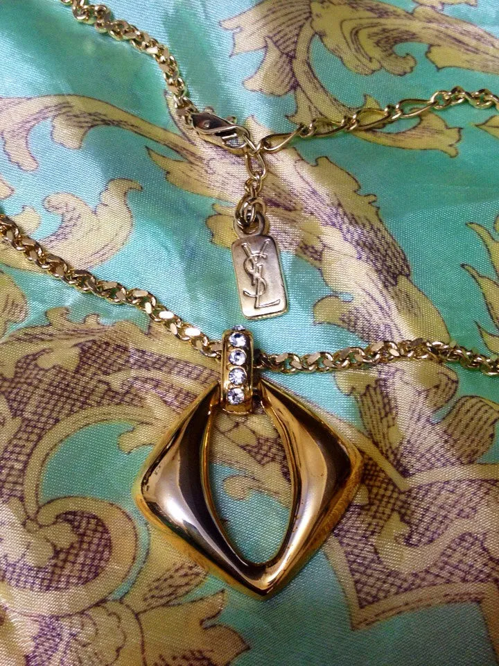 Vintage Yves Saint Laurent, YSL golden chain necklace with outlined square, diamond shape pendant top with crystal stones. Perfect gift