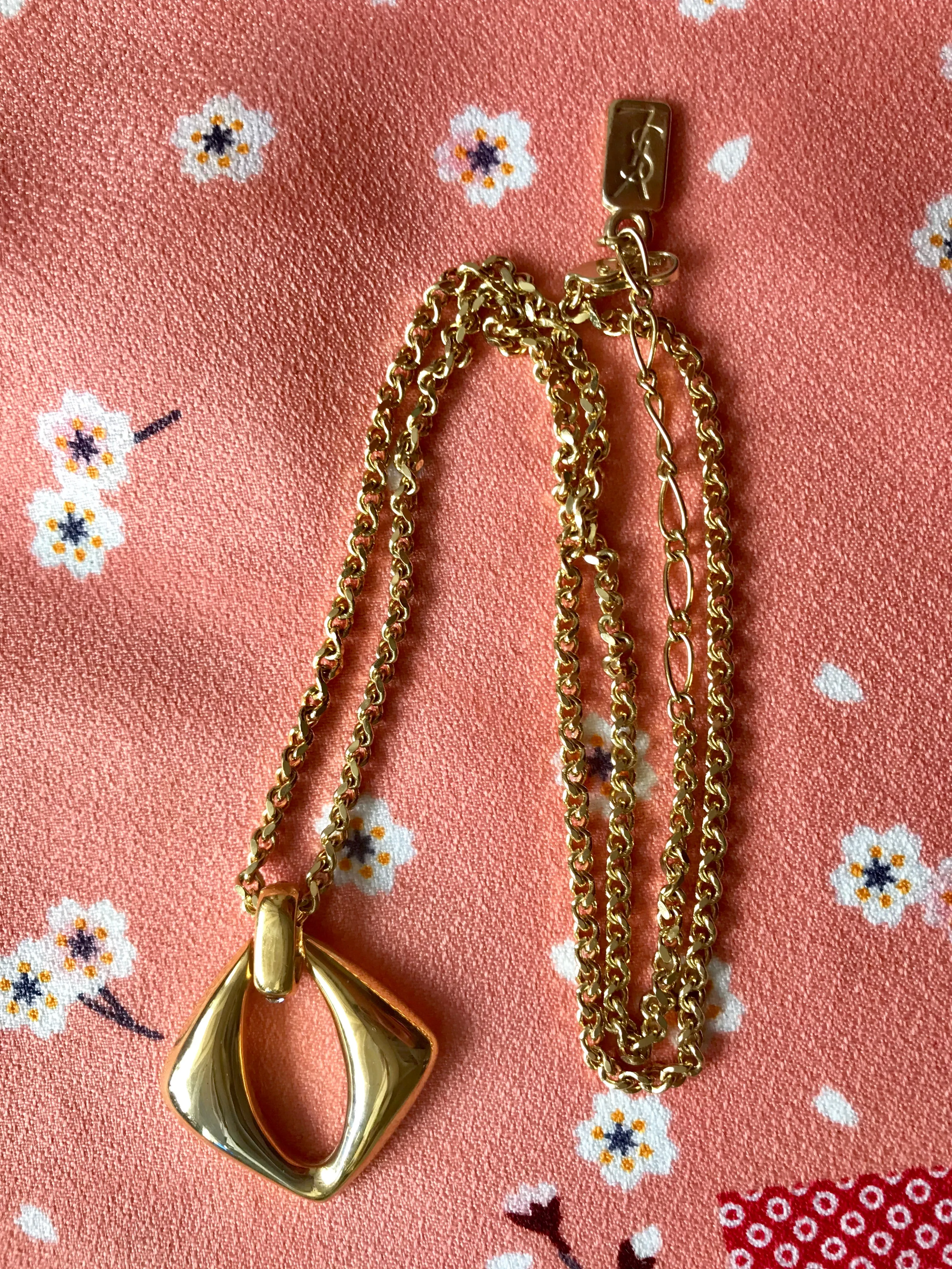 Vintage Yves Saint Laurent, YSL golden chain necklace with outlined square, diamond shape pendant top with crystal stones. Perfect gift