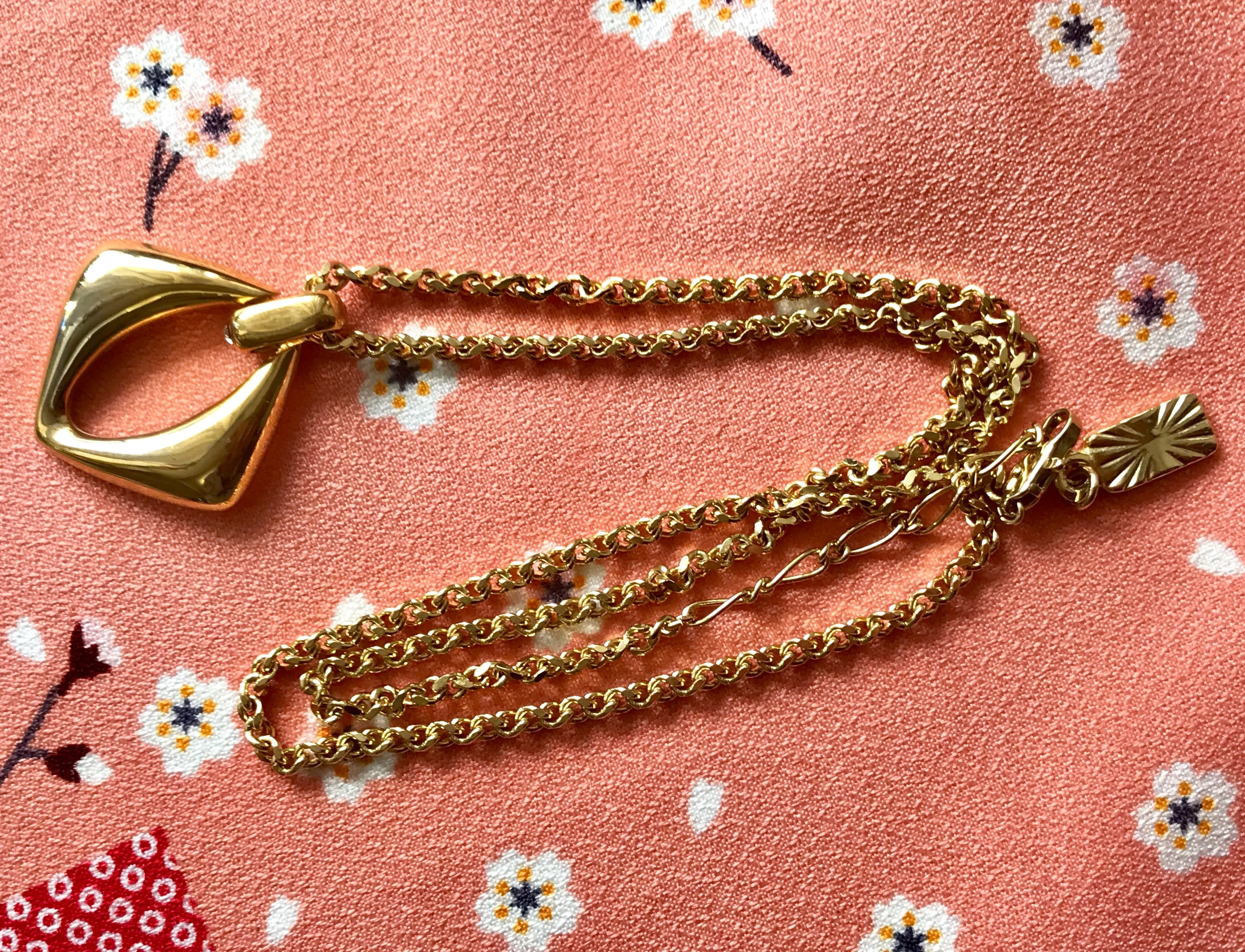 Vintage Yves Saint Laurent, YSL golden chain necklace with outlined square, diamond shape pendant top with crystal stones. Perfect gift