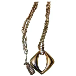 Vintage Yves Saint Laurent, YSL golden chain necklace with outlined square, diamond shape pendant top with crystal stones. Perfect gift