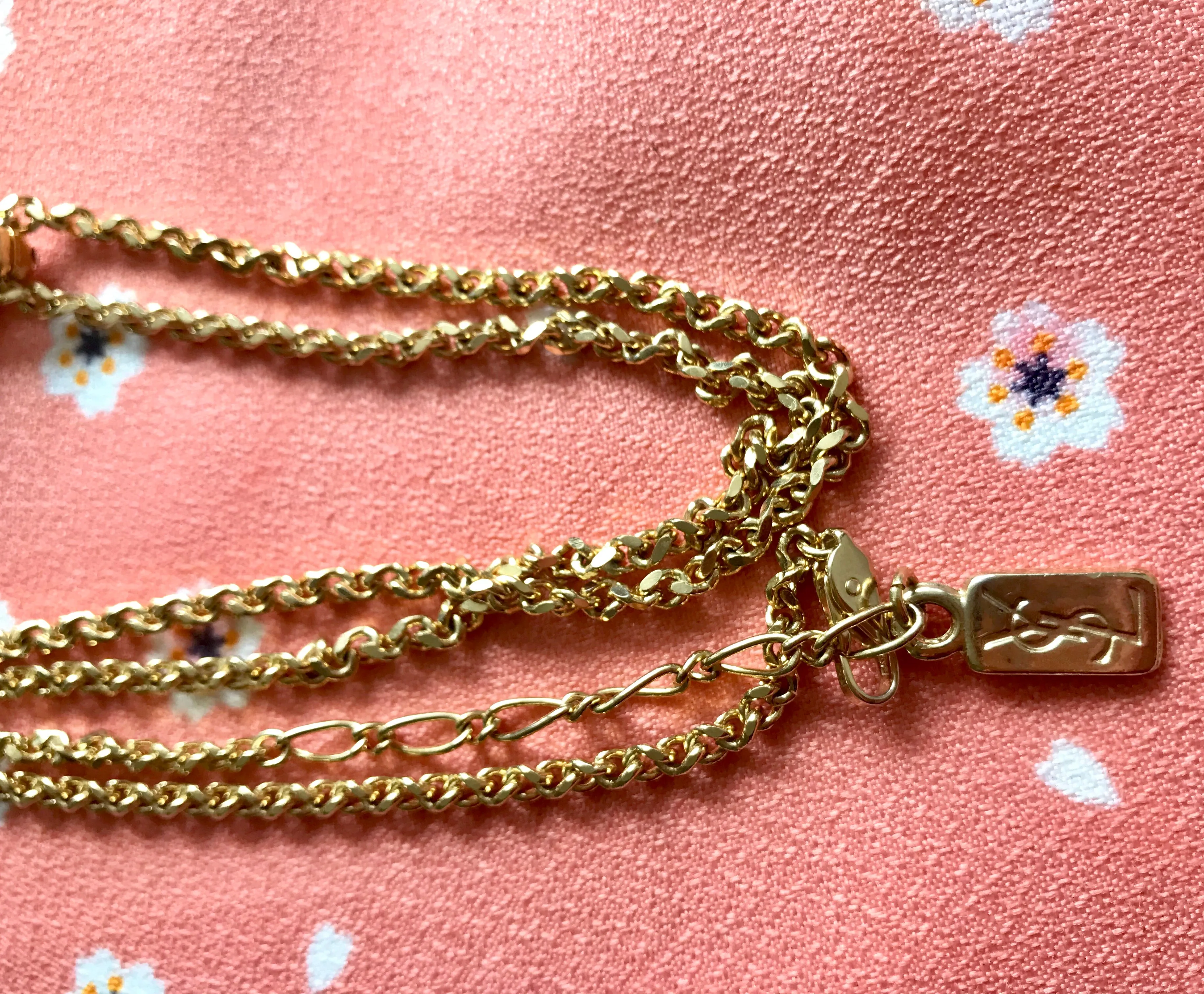 Vintage Yves Saint Laurent, YSL golden chain necklace with outlined square, diamond shape pendant top with crystal stones. Perfect gift