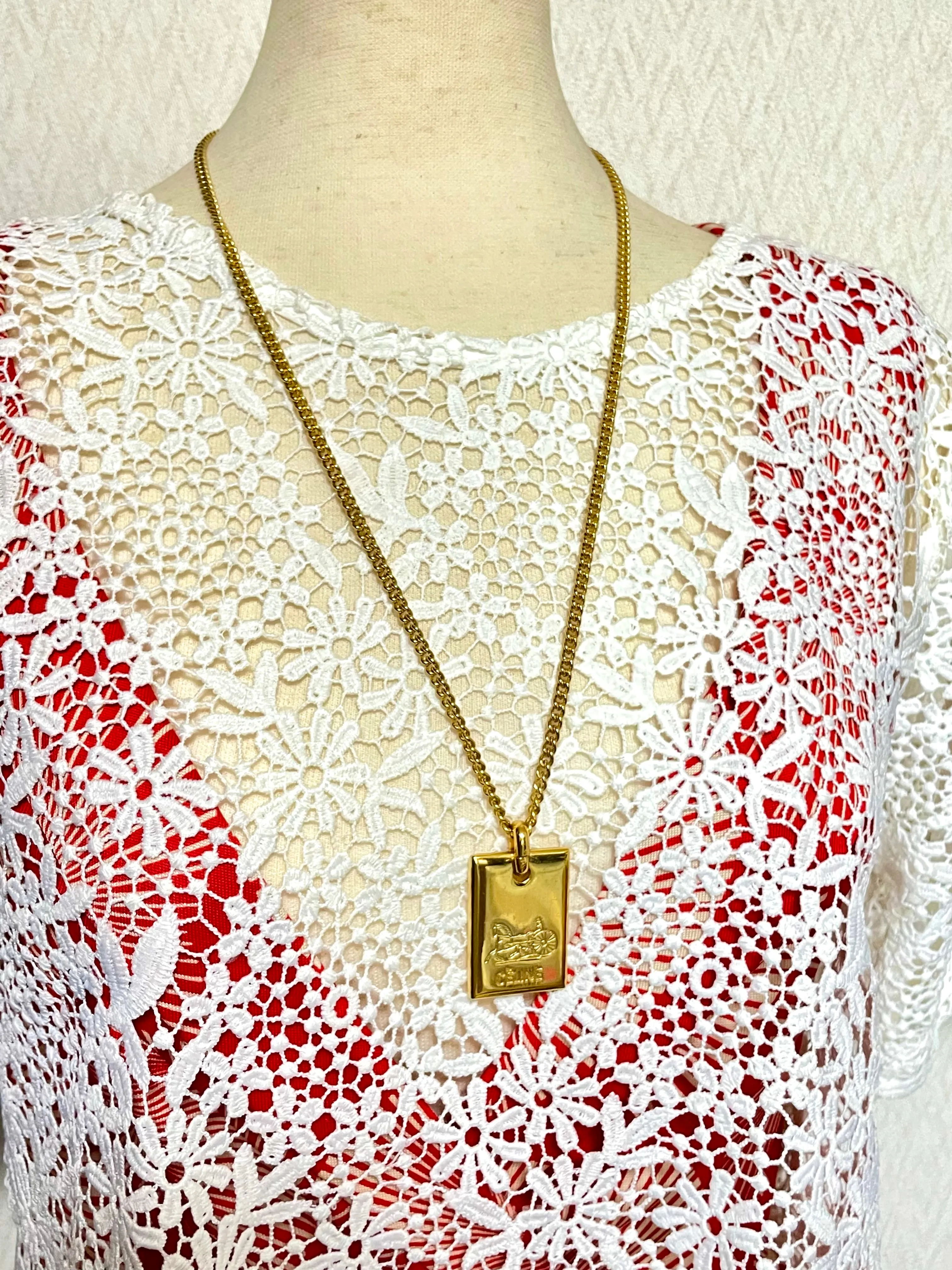 W4. Vintage Celine golden chain necklace with logo embossed plate. Classic jewelry. 050327rc3