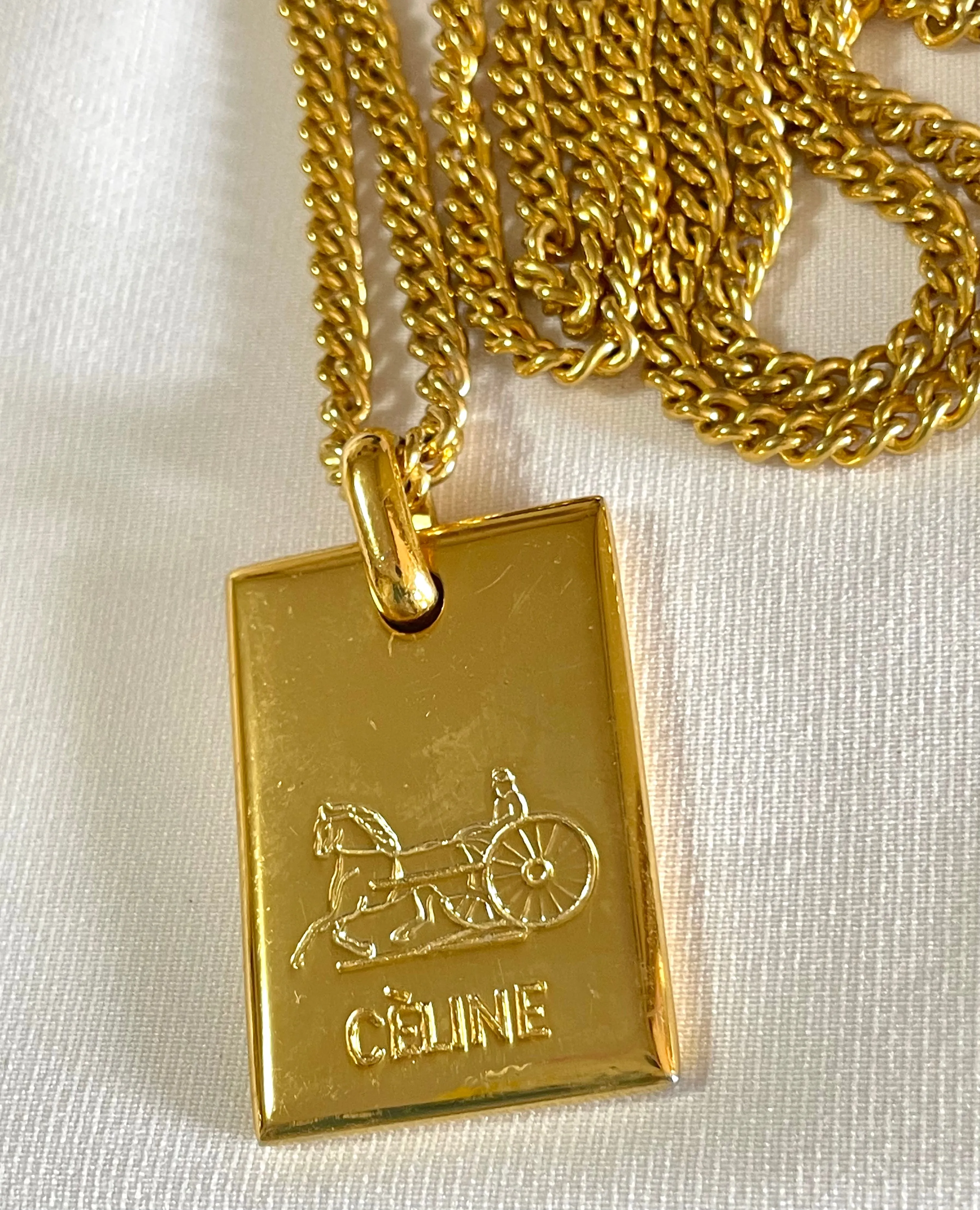 W4. Vintage Celine golden chain necklace with logo embossed plate. Classic jewelry. 050327rc3