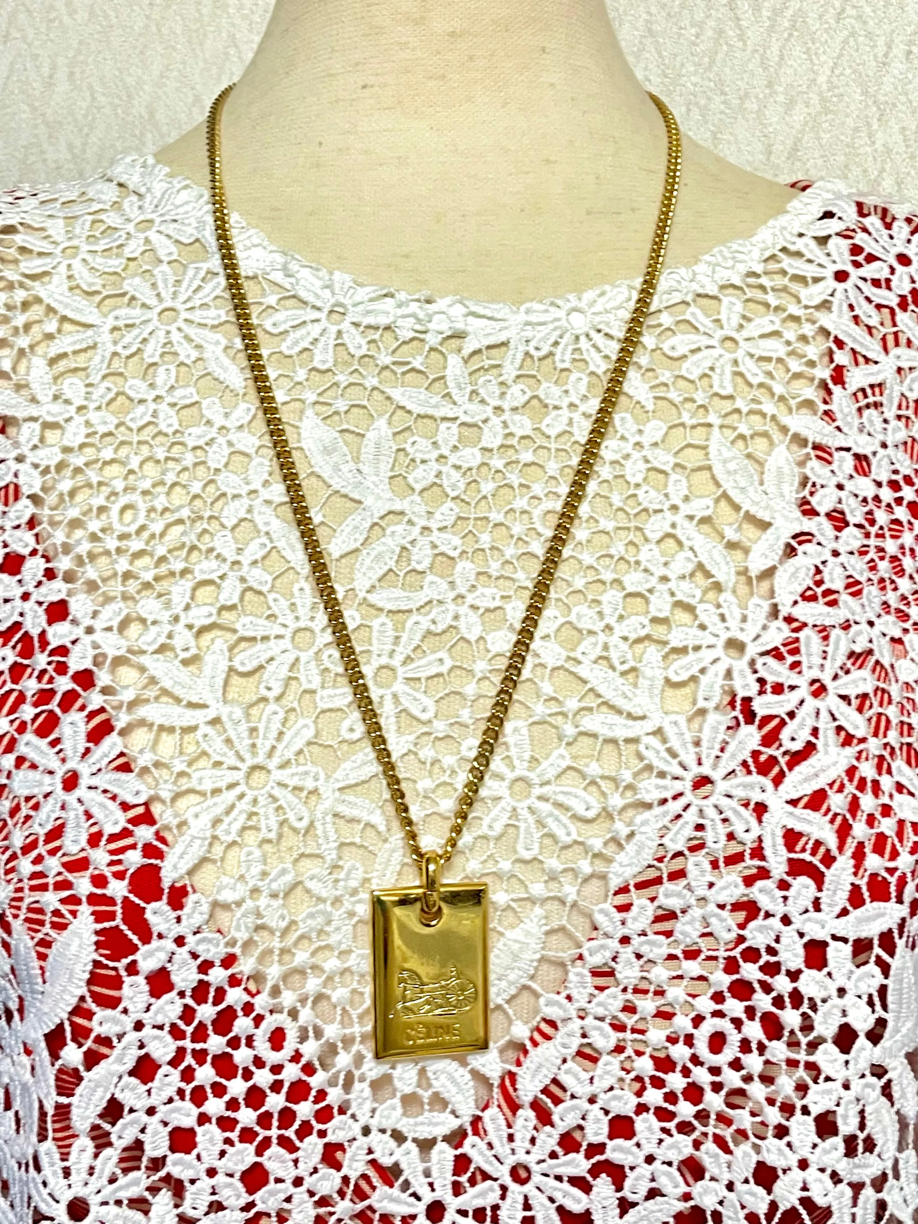 W4. Vintage Celine golden chain necklace with logo embossed plate. Classic jewelry. 050327rc3