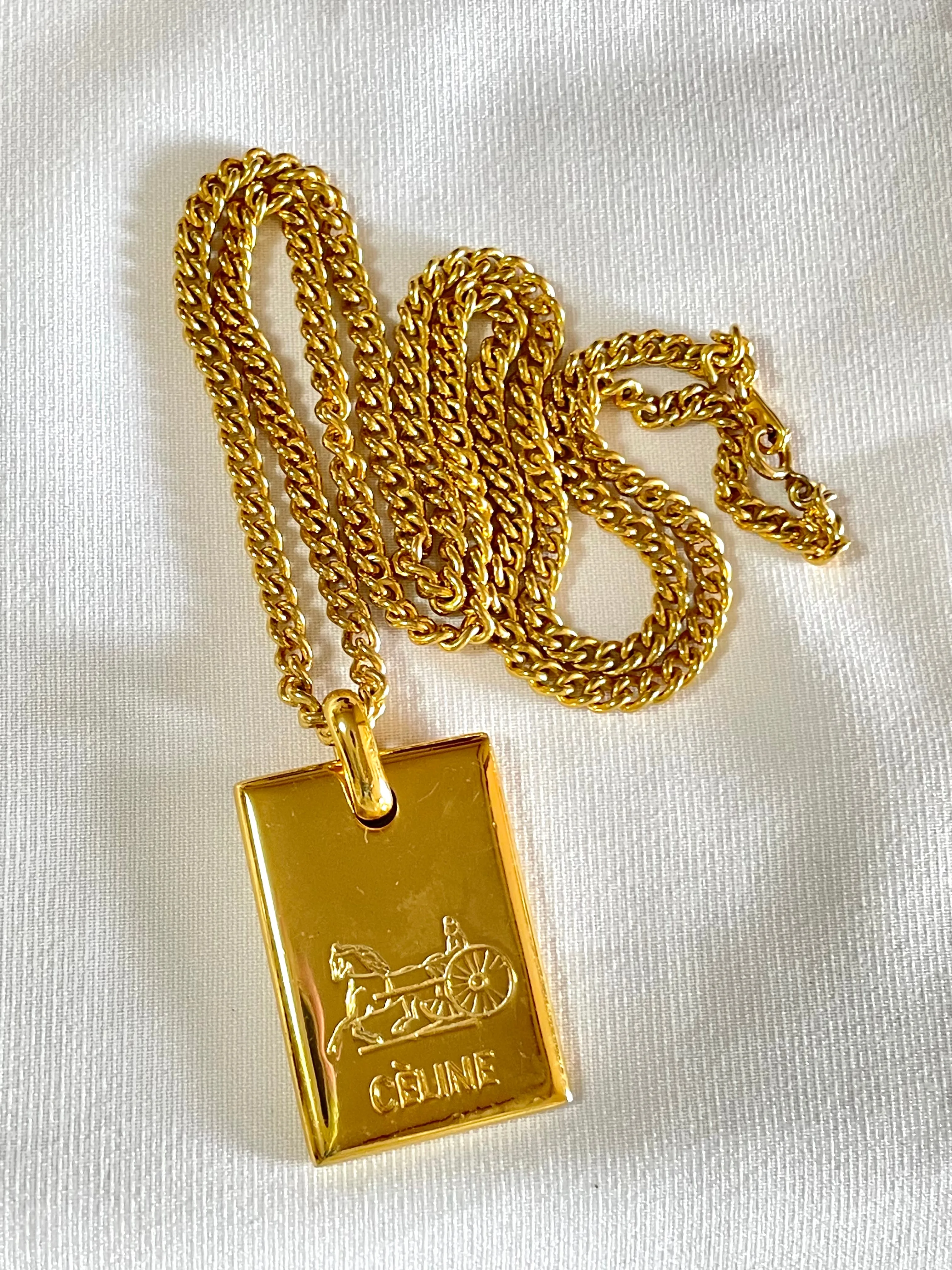 W4. Vintage Celine golden chain necklace with logo embossed plate. Classic jewelry. 050327rc3