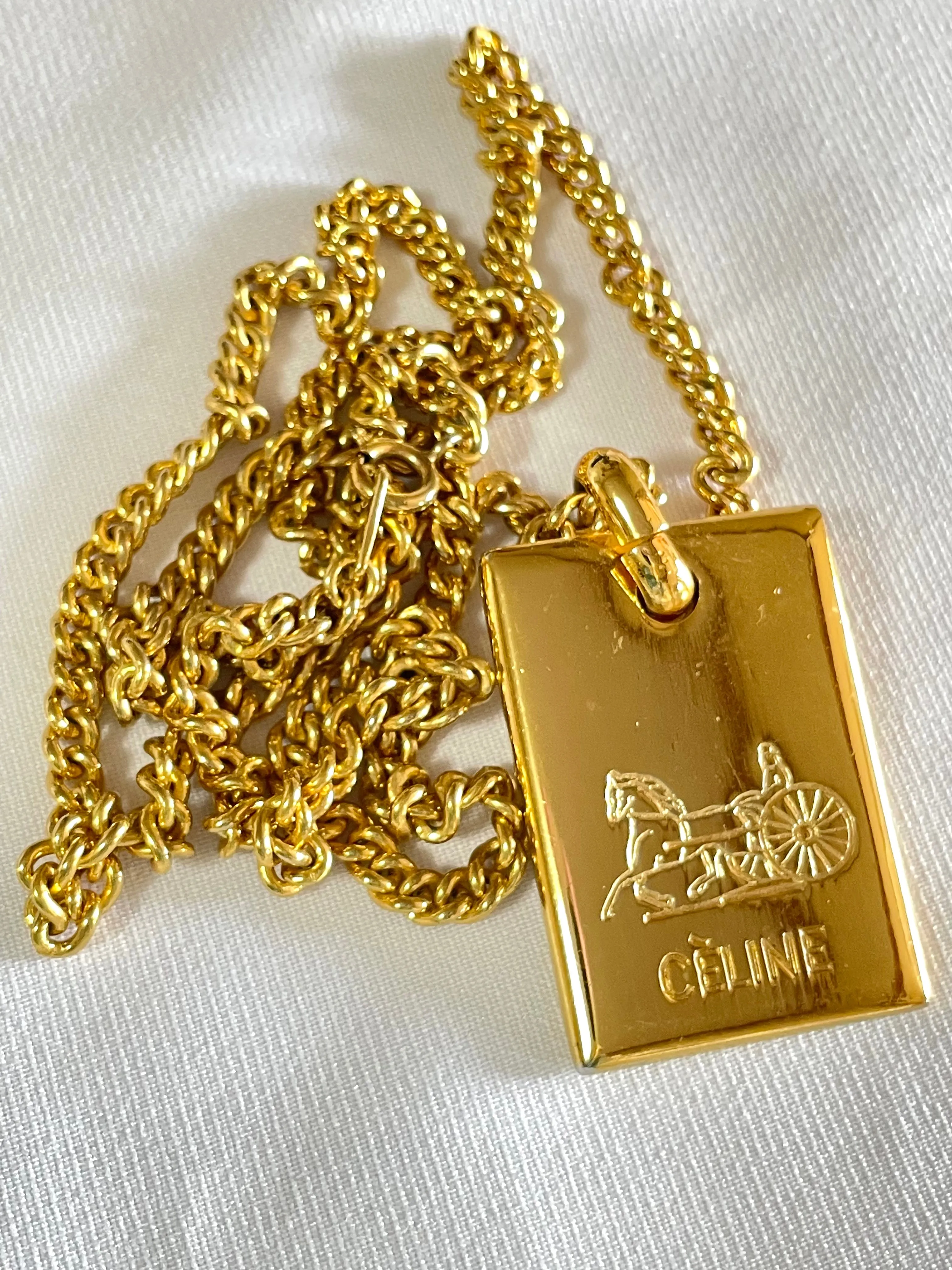 W4. Vintage Celine golden chain necklace with logo embossed plate. Classic jewelry. 050327rc3