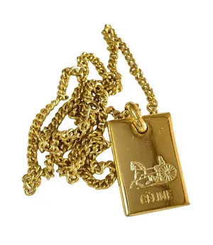 W4. Vintage Celine golden chain necklace with logo embossed plate. Classic jewelry. 050327rc3