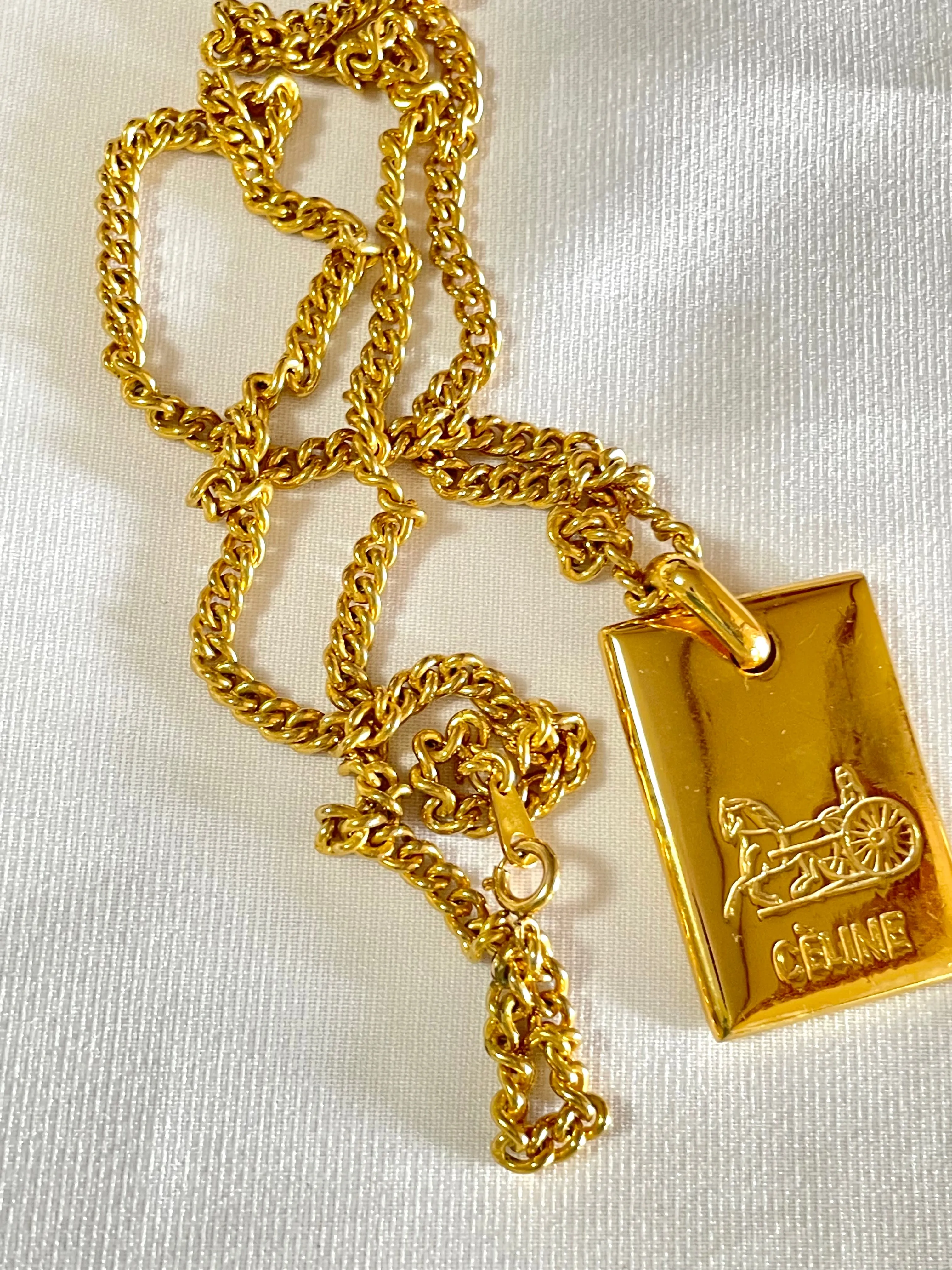 W4. Vintage Celine golden chain necklace with logo embossed plate. Classic jewelry. 050327rc3