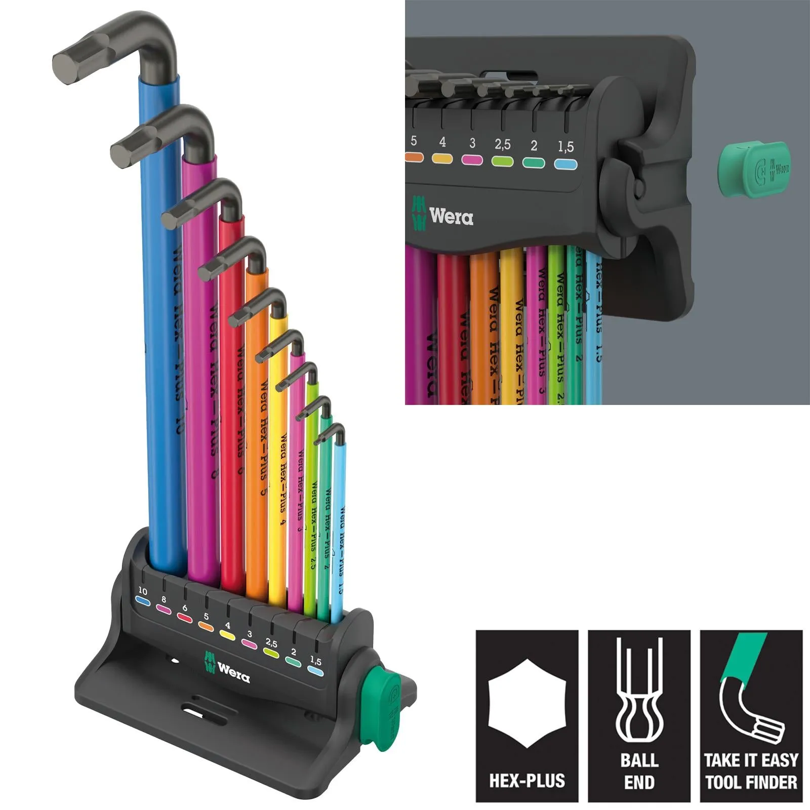 Wera Hex Key Set Stand Wall Rack 950/9 Hex Plus Multicolour 3 L-Key Set Metric BlackLaser 9 Pieces 1.5-10mm