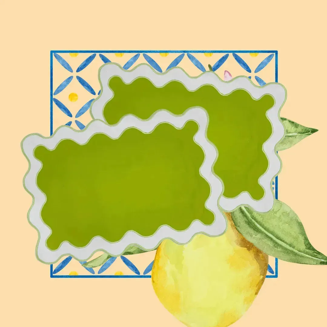 White and Green 100% Linen Scallop Placemat Set of 8