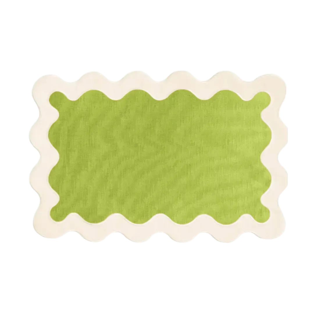 White and Green 100% Linen Scallop Placemat Set of 8