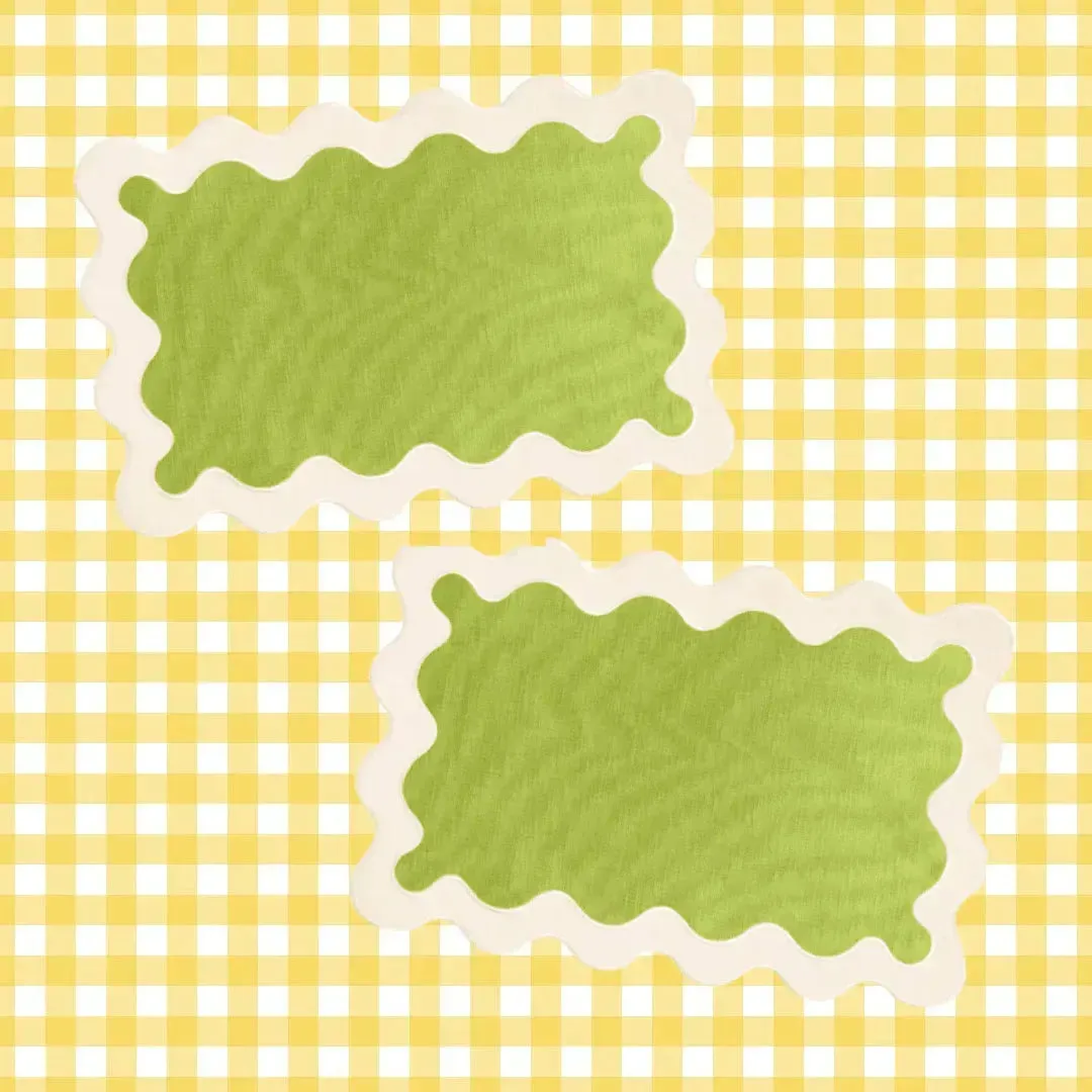 White and Green 100% Linen Scallop Placemat Set of 8