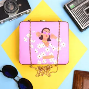White Floral Women Portrait Wooden Clutch