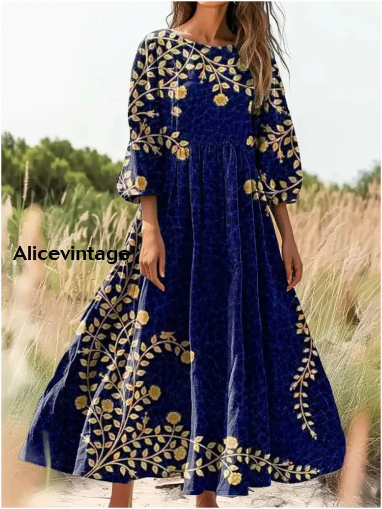 Women's Floral Art Print Cotton Crew Neck Dress