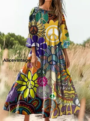 Women's Hippie Art Print Flowy Cotton Crew Neck Dress