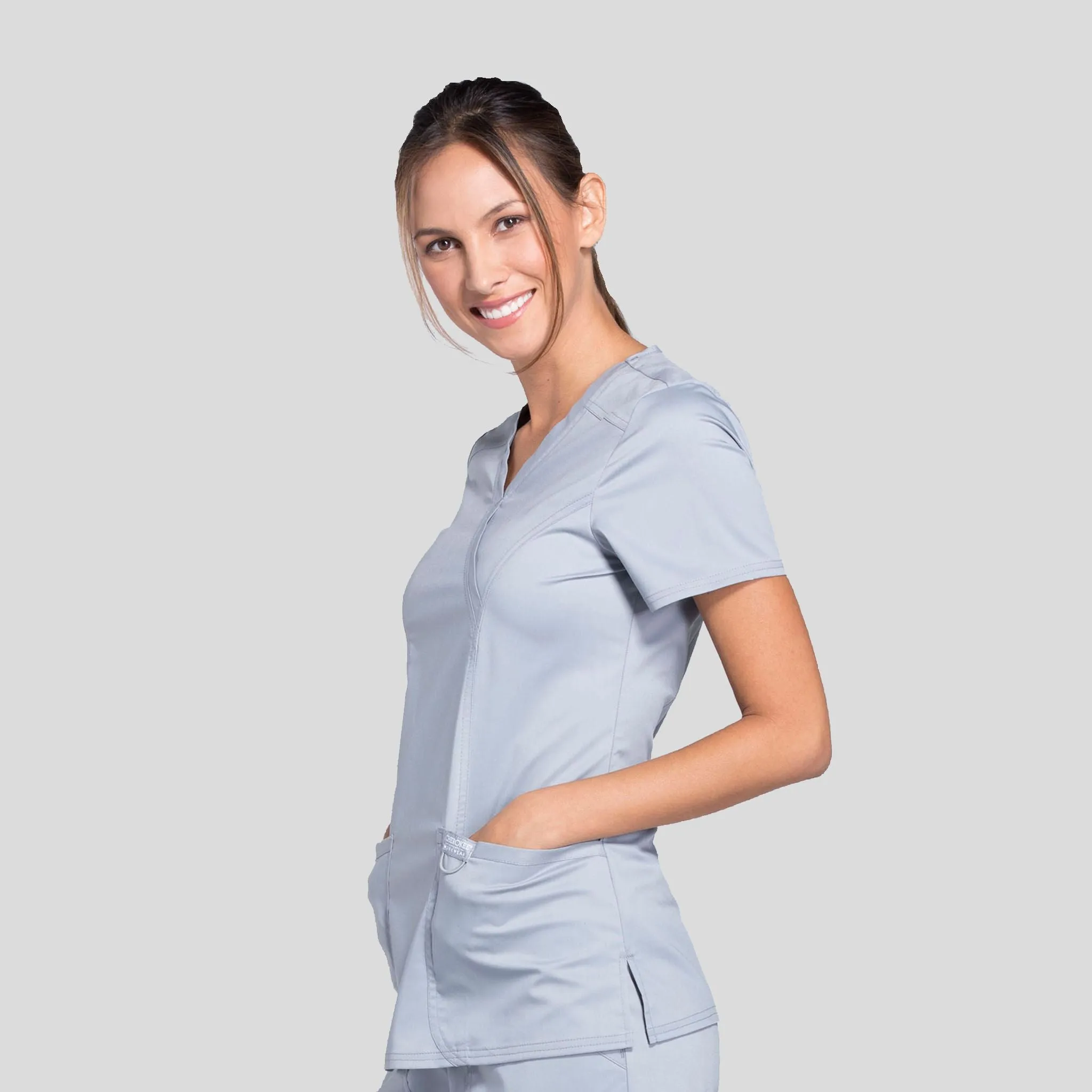Women's Mock Wrap Solid Scrub Top | Grey